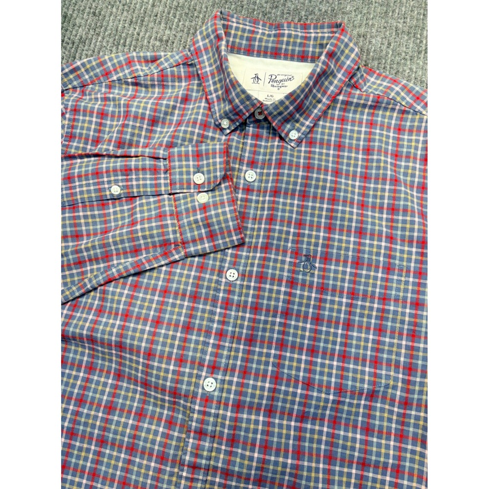 Original Penguin Mens Large Blue Plaid Button Down Long Sleeve Shirt L/G